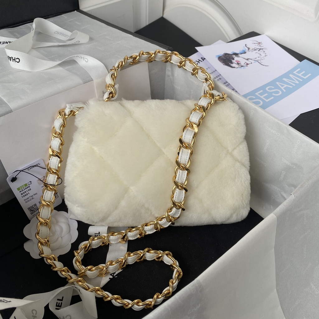 Chanel AS3498 Small Flap Bag wool Lambskin in White