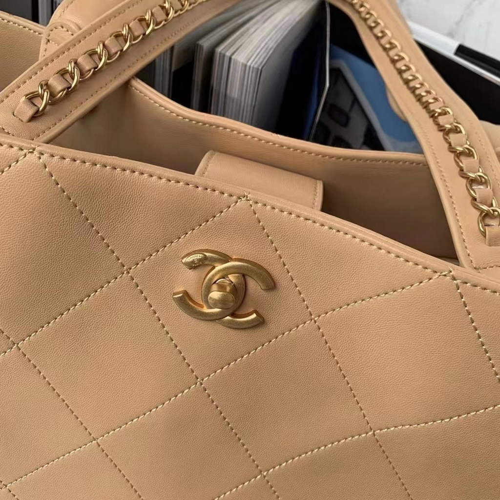Chanel AS3508 Large Shopping Bag Lambskin In Dark Beige