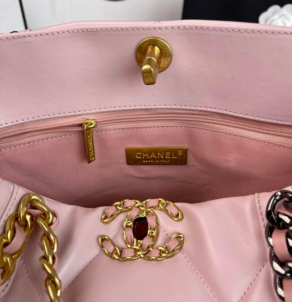 Chanel AS3519 19 Shopping Bag Gold-Tone Silver-Tone Lambskin Pink