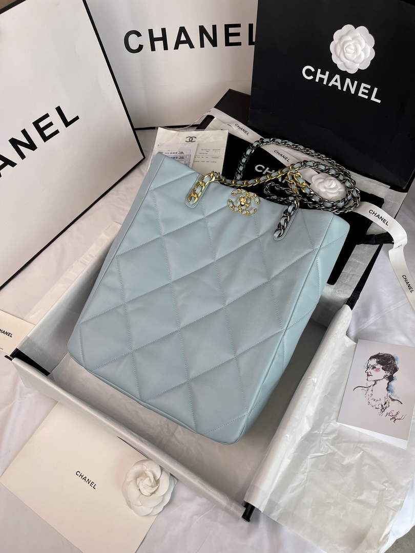 Chanel AS3519 19 Shopping Bag Gold-Tone Silver-Tone Lambskin Blue