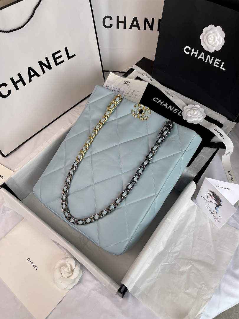 Chanel AS3519 19 Shopping Bag Gold-Tone Silver-Tone Lambskin Blue