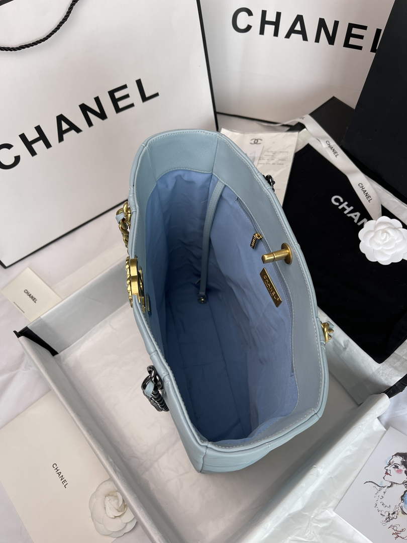 Chanel AS3519 19 Shopping Bag Gold-Tone Silver-Tone Lambskin Blue
