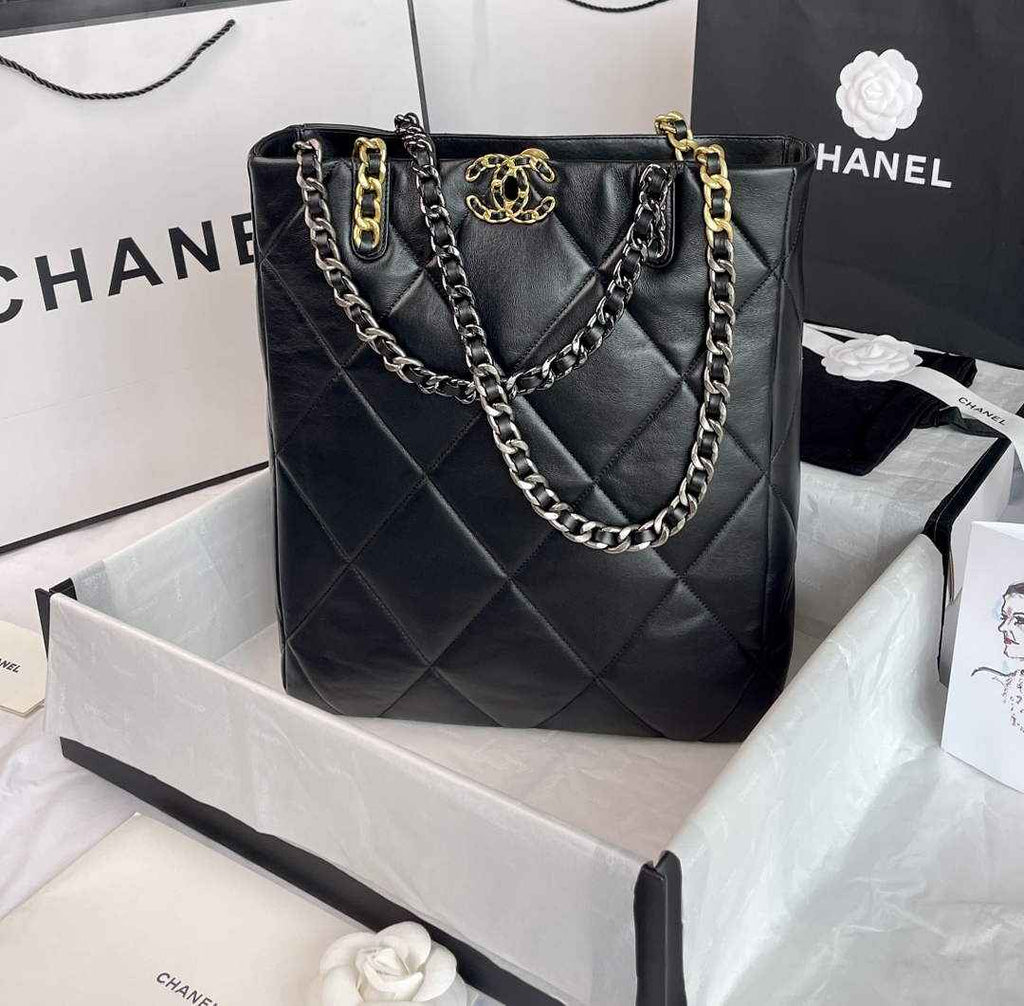 Chanel AS3519 19 Shopping Bag Gold-Tone Silver-Tone Lambskin Black