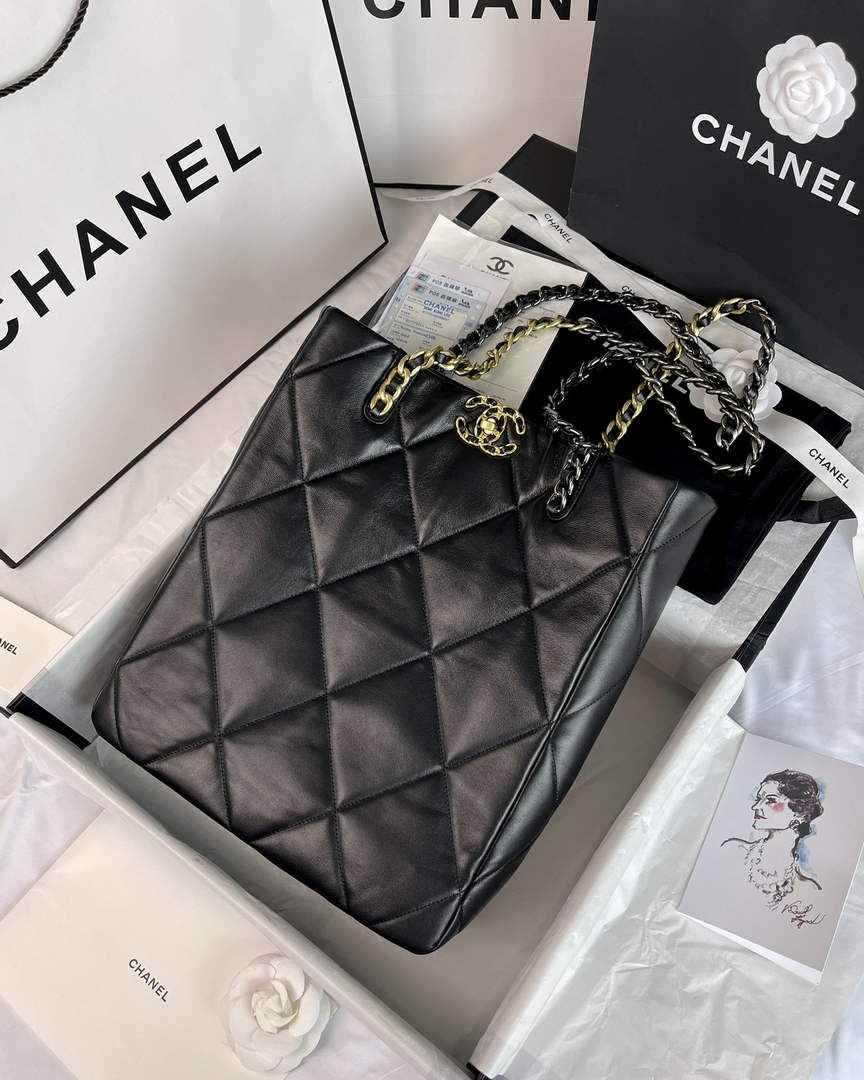 Chanel AS3519 19 Shopping Bag Gold-Tone Silver-Tone Lambskin Black