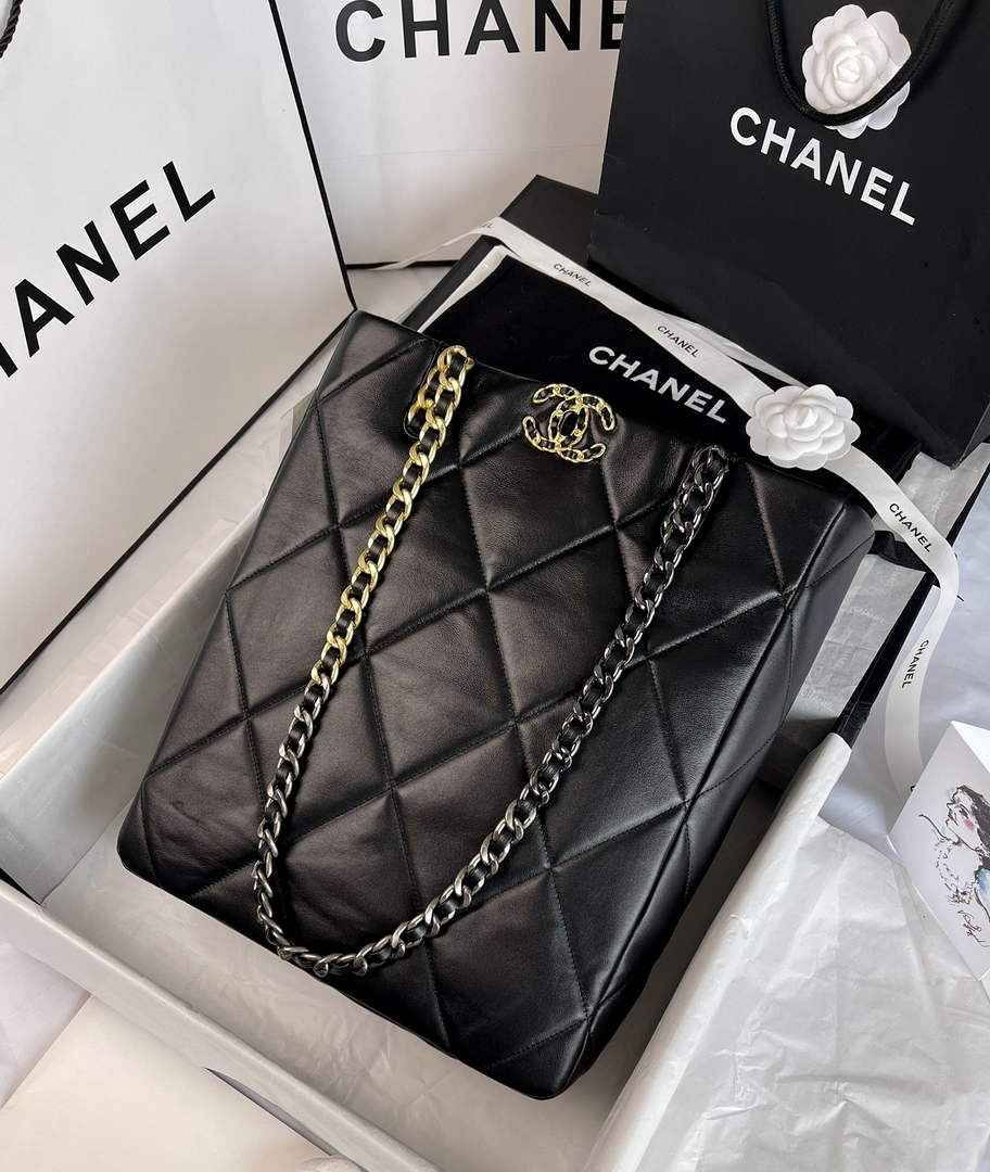 Chanel AS3519 19 Shopping Bag Gold-Tone Silver-Tone Lambskin Black