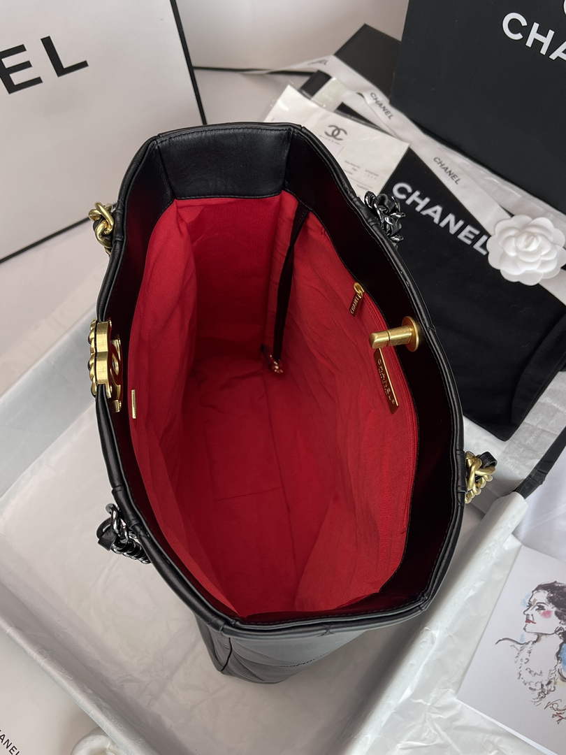 Chanel AS3519 19 Shopping Bag Gold-Tone Silver-Tone Lambskin Black