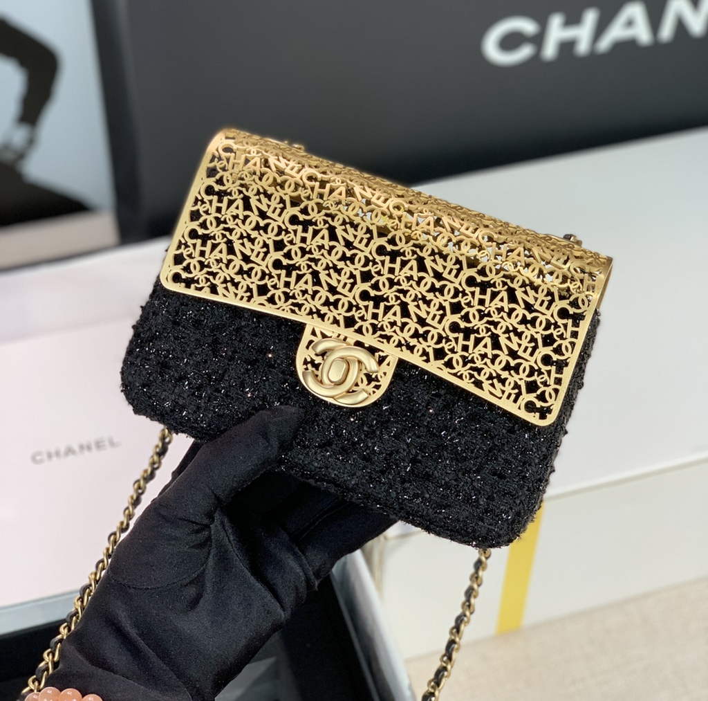 Chanel AS3526 Mini Evening Bag Black Wool tweed & gold-tone metal
