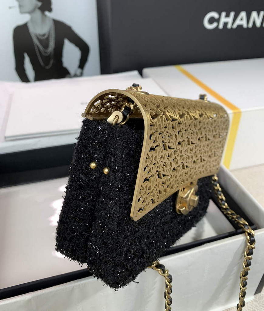 Chanel AS3526 Mini Evening Bag Black Wool tweed & gold-tone metal