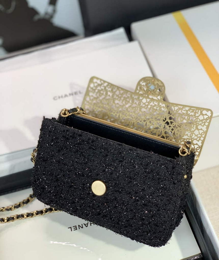 Chanel AS3526 Mini Evening Bag Black Wool tweed & gold-tone metal