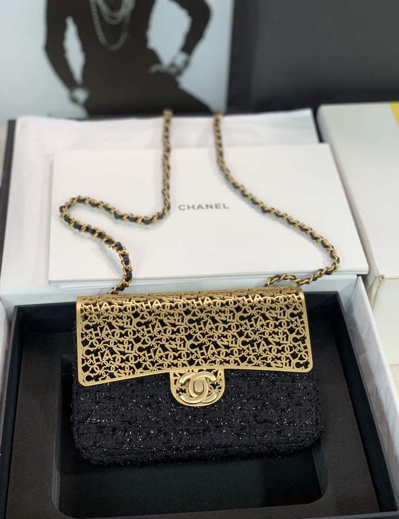 Chanel AS3526 Mini Evening Bag Black Wool tweed & gold-tone metal