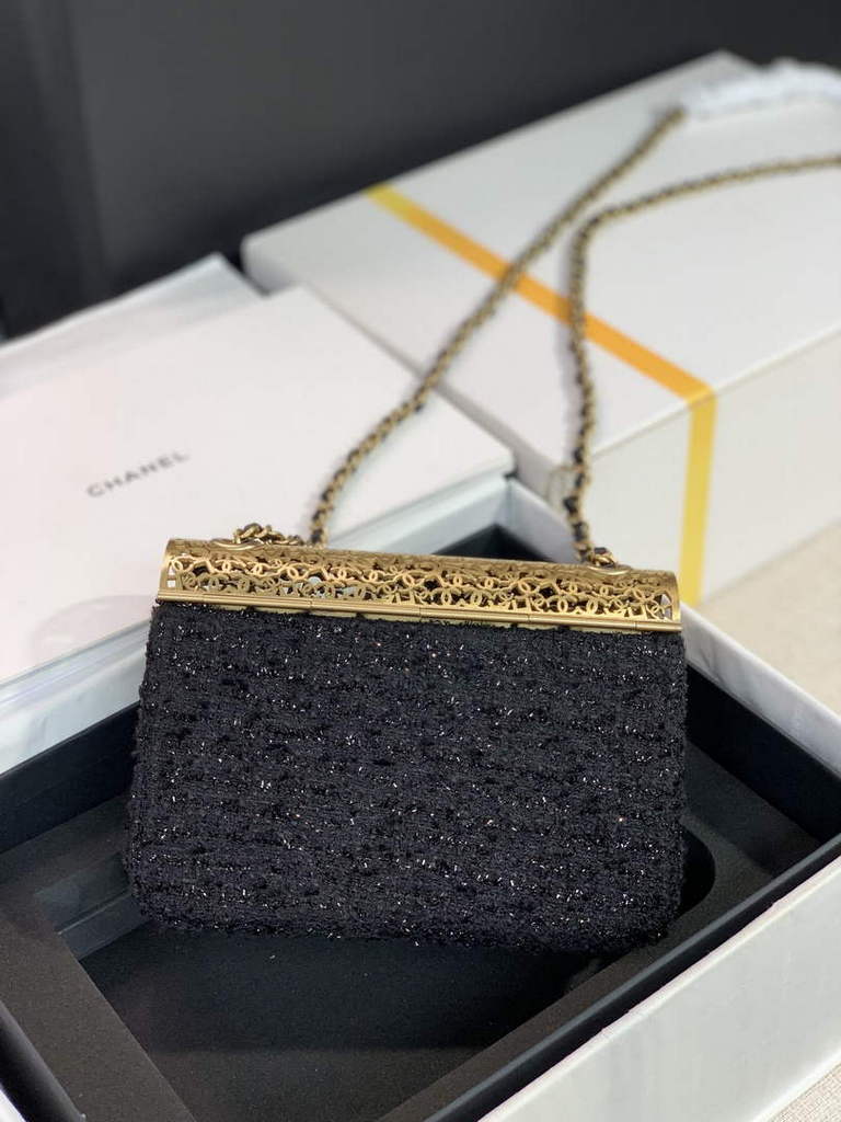 Chanel AS3526 Mini Evening Bag Black Wool tweed & gold-tone metal