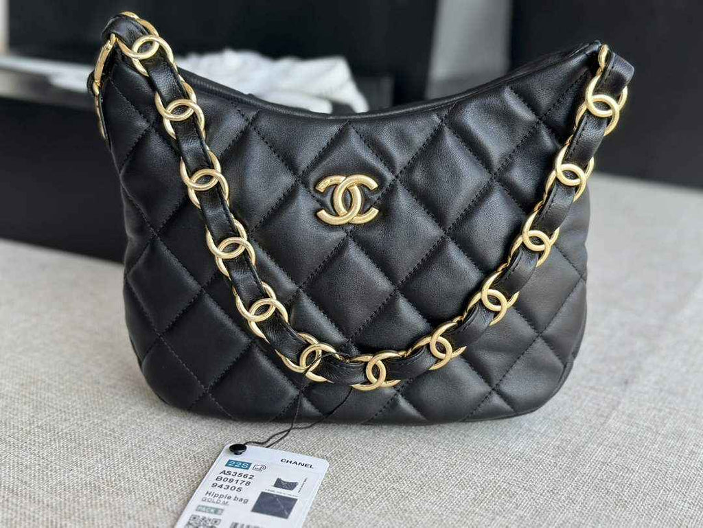 Chanel AS3562 Hobo Handbag Black Lambskin & Gold-Tone Metal