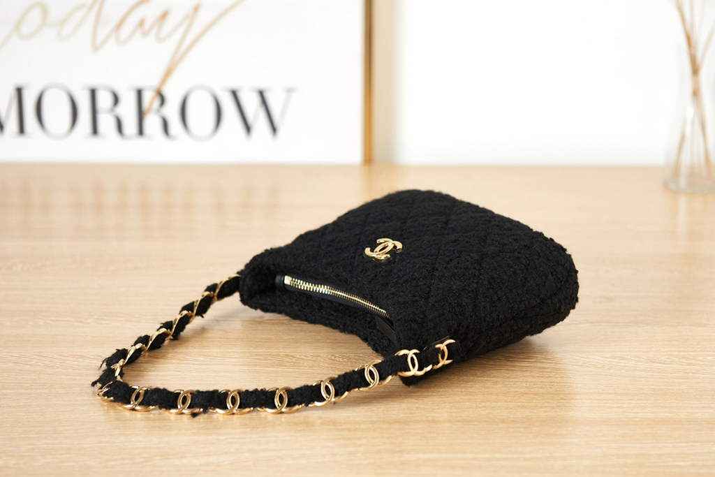 Chanel AS3562 Hobo Handbag Black Tweeds Fabrics & Gold-Tone Metal