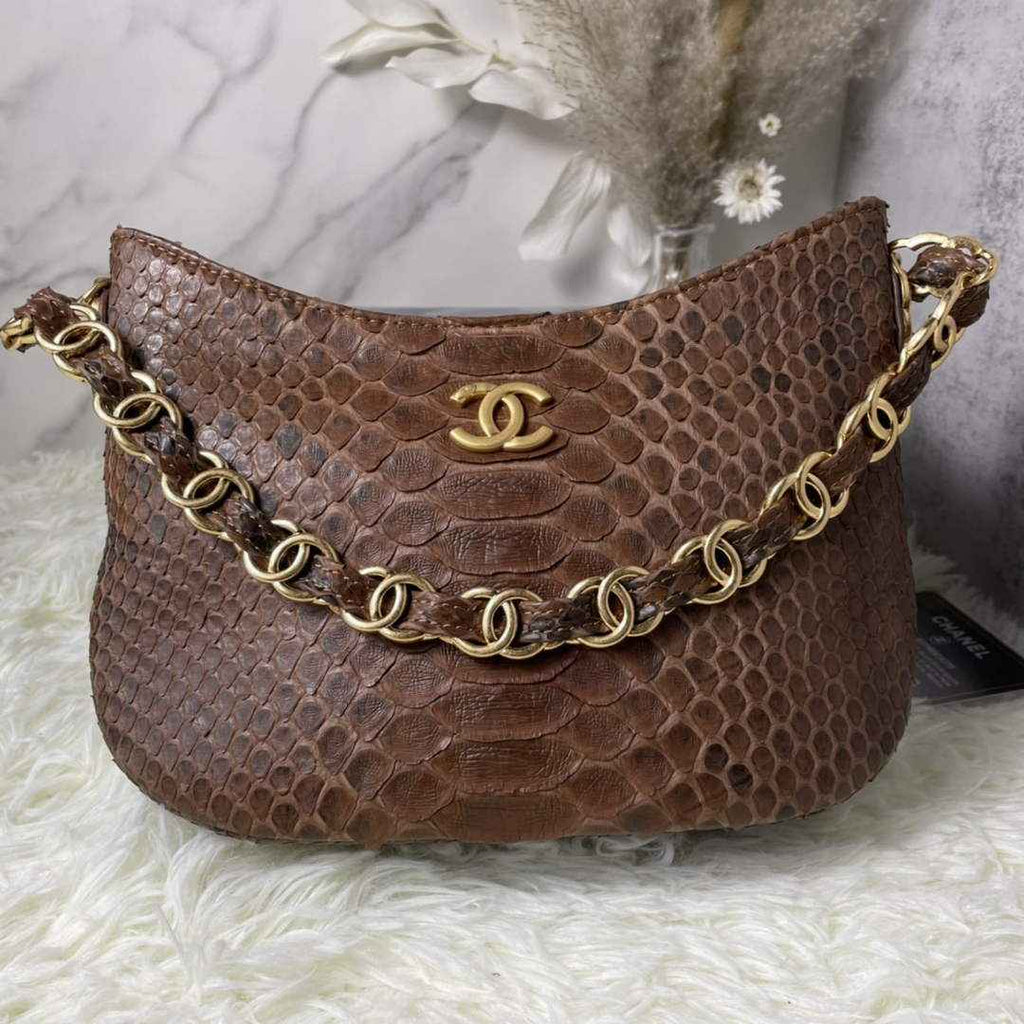 Chanel AS3562 Hobo Handbag Snake & Gold-Tone Metal Brown