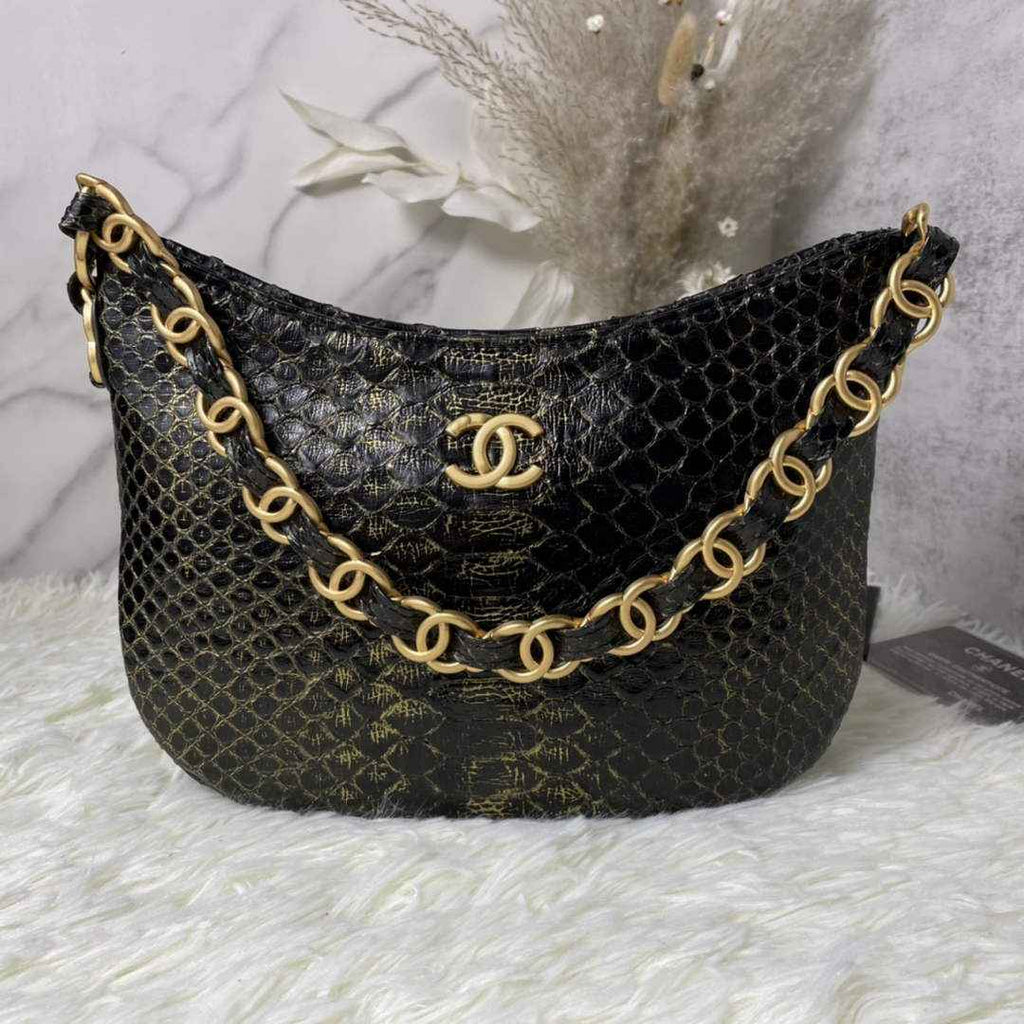 Chanel AS3562 Hobo Handbag Black Snake & Gold-Tone Metal