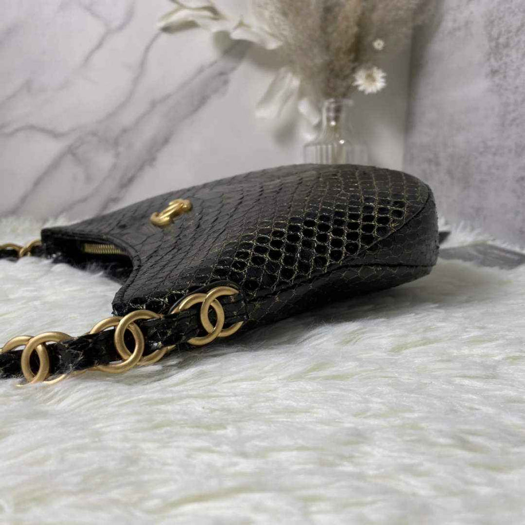 Chanel AS3562 Hobo Handbag Black Snake & Gold-Tone Metal