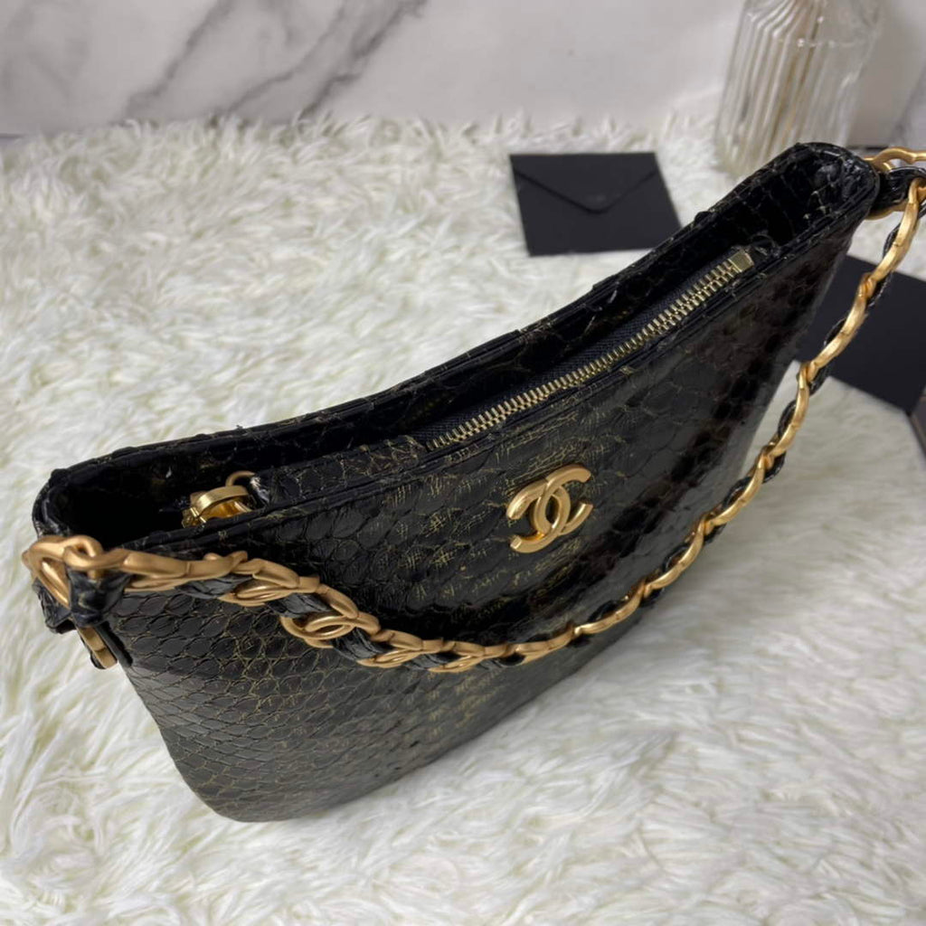 Chanel AS3562 Hobo Handbag Black Snake & Gold-Tone Metal