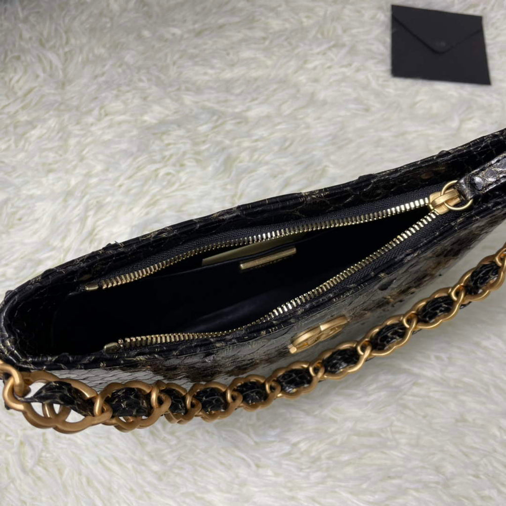 Chanel AS3562 Hobo Handbag Black Snake & Gold-Tone Metal