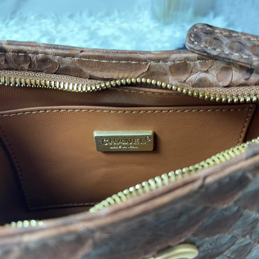 Chanel AS3562 Hobo Handbag Snake & Gold-Tone Metal Brown