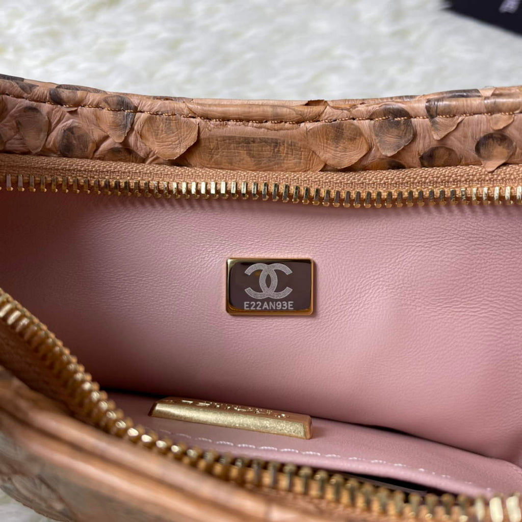 Chanel AS3562 Hobo Handbag Snake & Gold-Tone Metal Beige