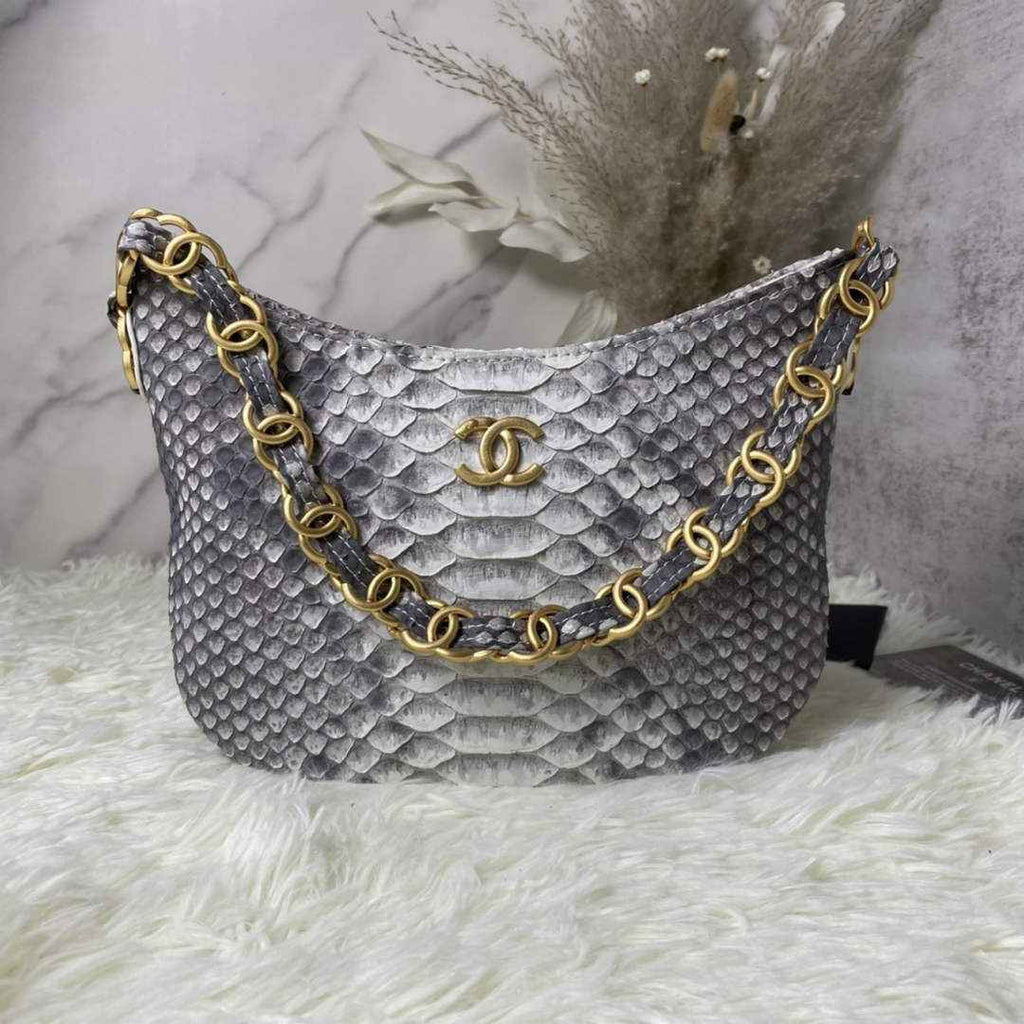 Chanel AS3562 Hobo Handbag Snake & Gold-Tone Metal Gray