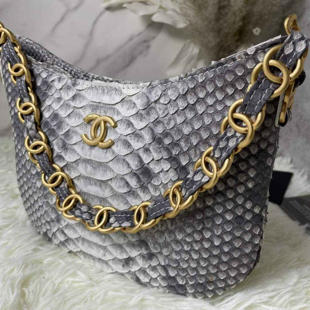 Chanel AS3562 Hobo Handbag Snake & Gold-Tone Metal Gray