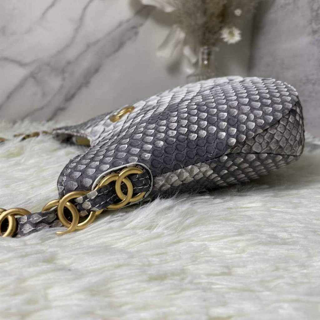 Chanel AS3562 Hobo Handbag Snake & Gold-Tone Metal Gray