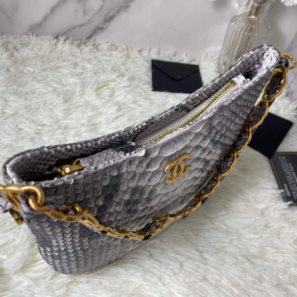 Chanel AS3562 Hobo Handbag Snake & Gold-Tone Metal Gray