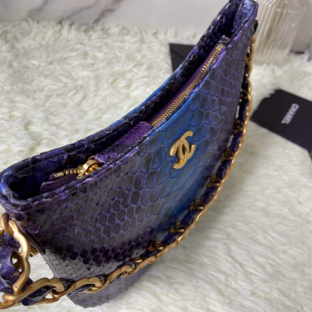 Chanel AS3562 Hobo Handbag Snake & Gold-Tone Metal Light Blue