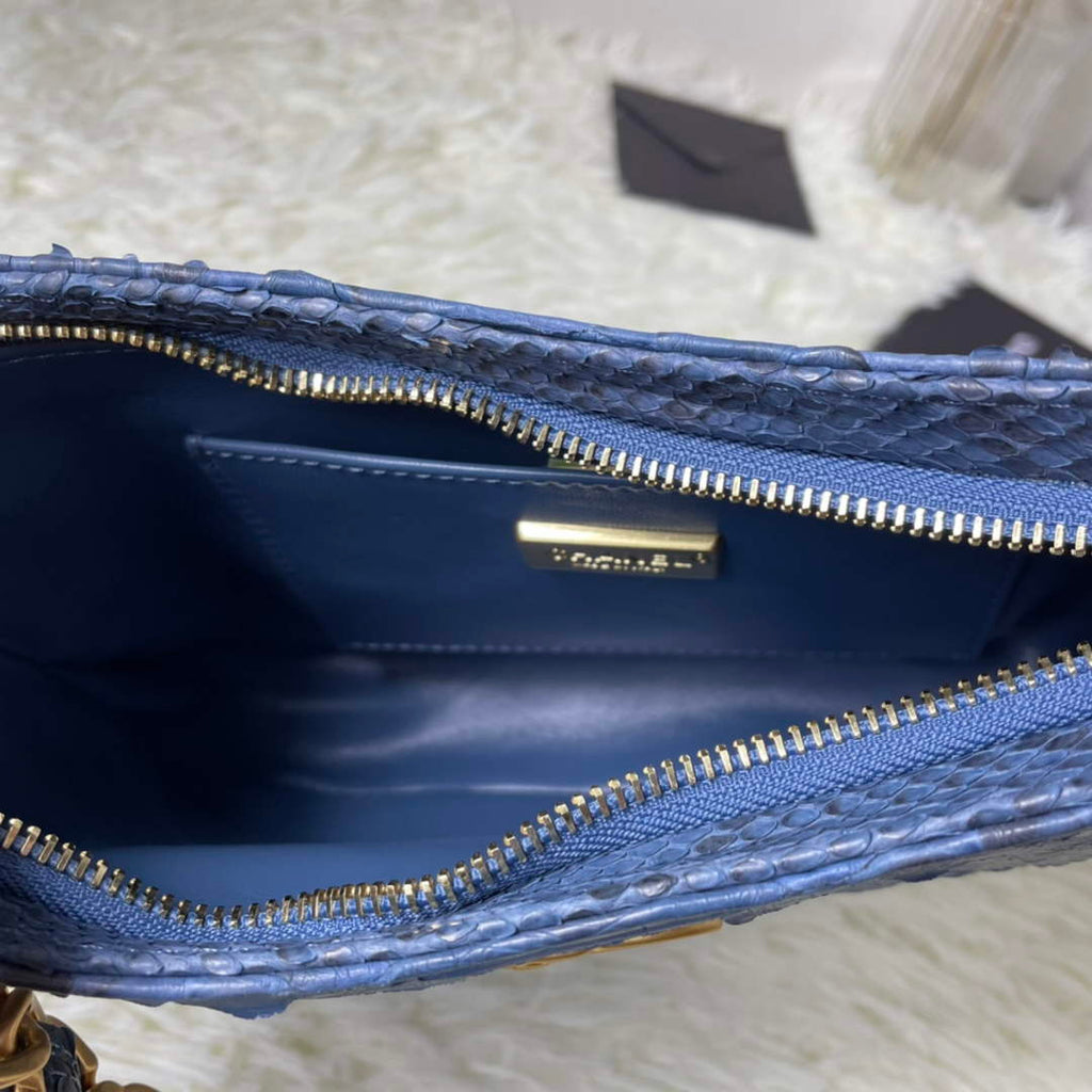 Chanel AS3562 Hobo Handbag Snake & Gold-Tone Metal Blue