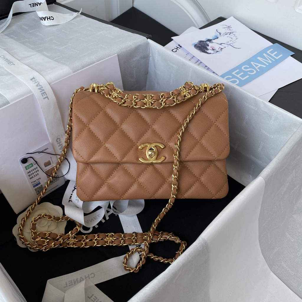 Chanel AS3580 Mini Flap Bag Grained Calfskin Gold Brown