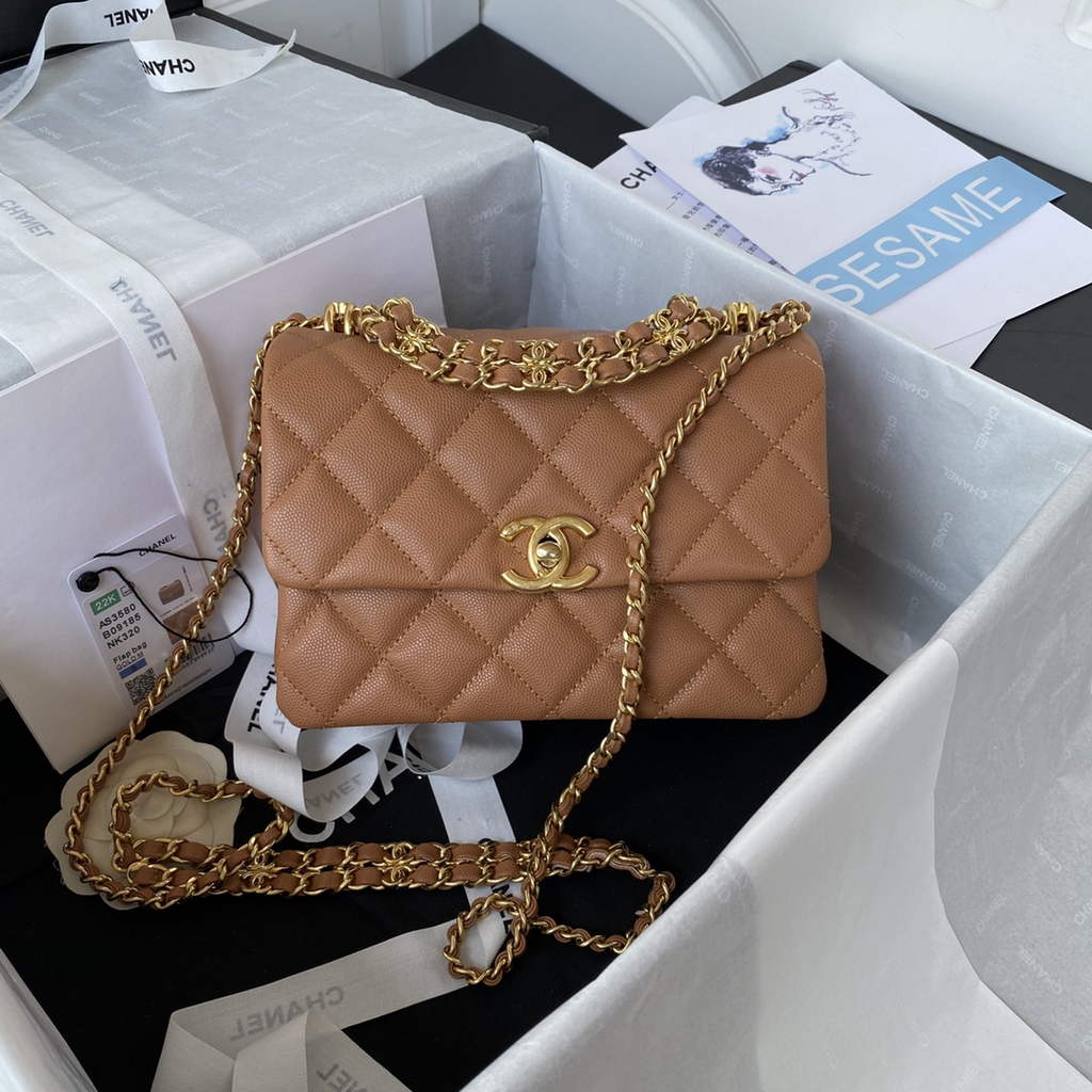 Chanel AS3580 Mini Flap Bag Grained Calfskin Gold Brown