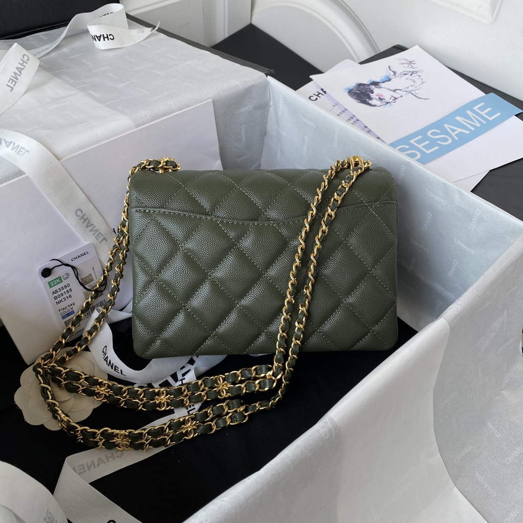 Chanel AS3580 Mini Flap Bag Grained Calfskin Gold Green
