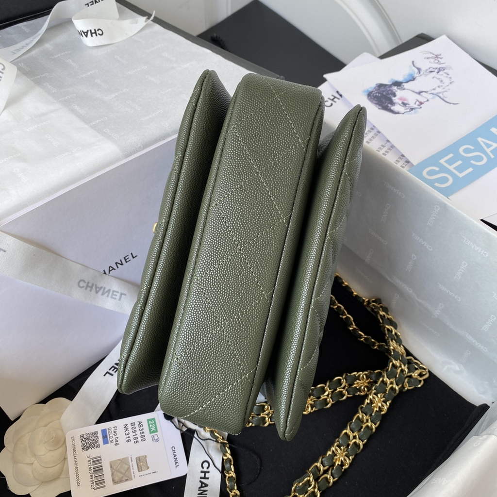 Chanel AS3580 Mini Flap Bag Grained Calfskin Gold Green
