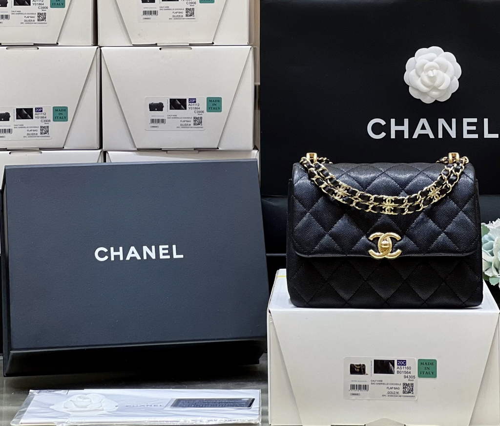 Chanel AS3580 Mini Flap Bag Grained Calfskin Gold Black