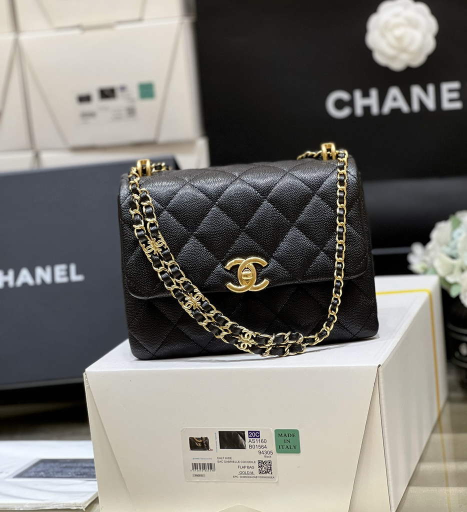 Chanel AS3580 Mini Flap Bag Grained Calfskin Gold Black