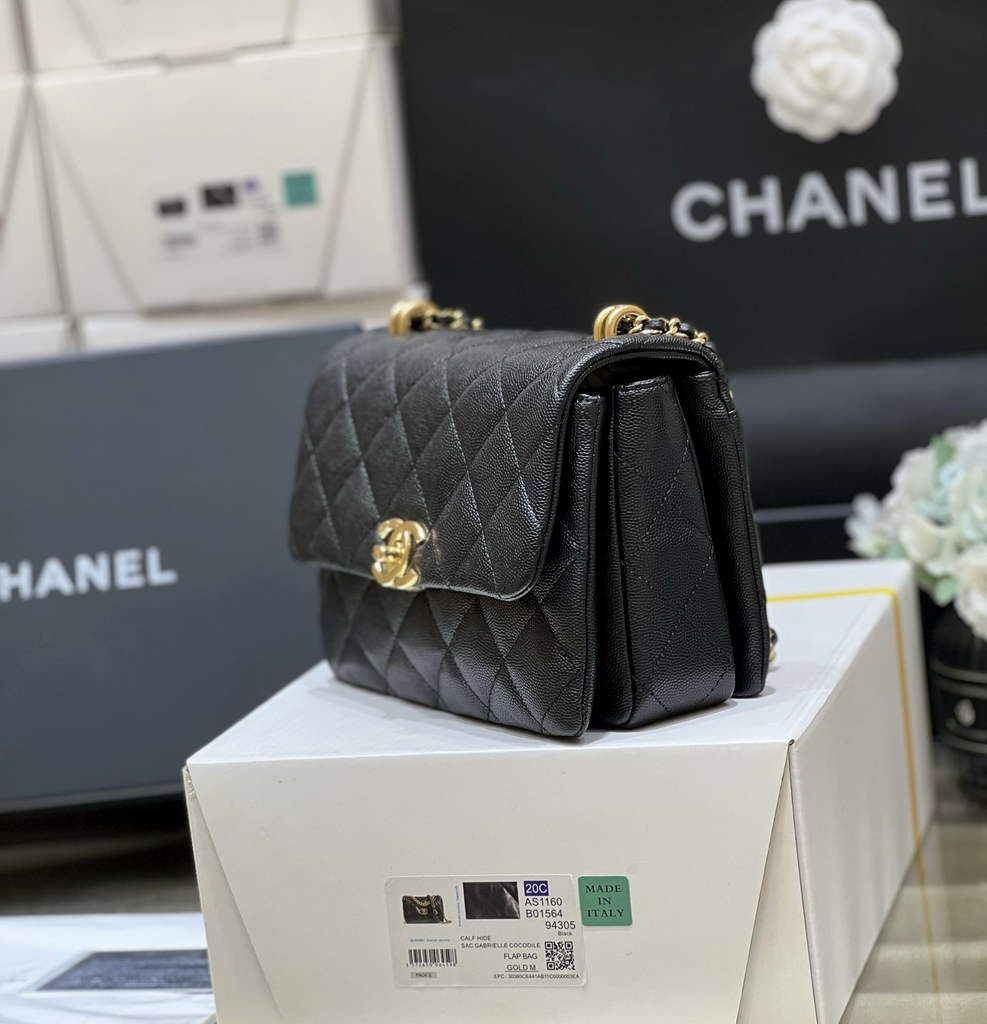 Chanel AS3580 Mini Flap Bag Grained Calfskin Gold Black
