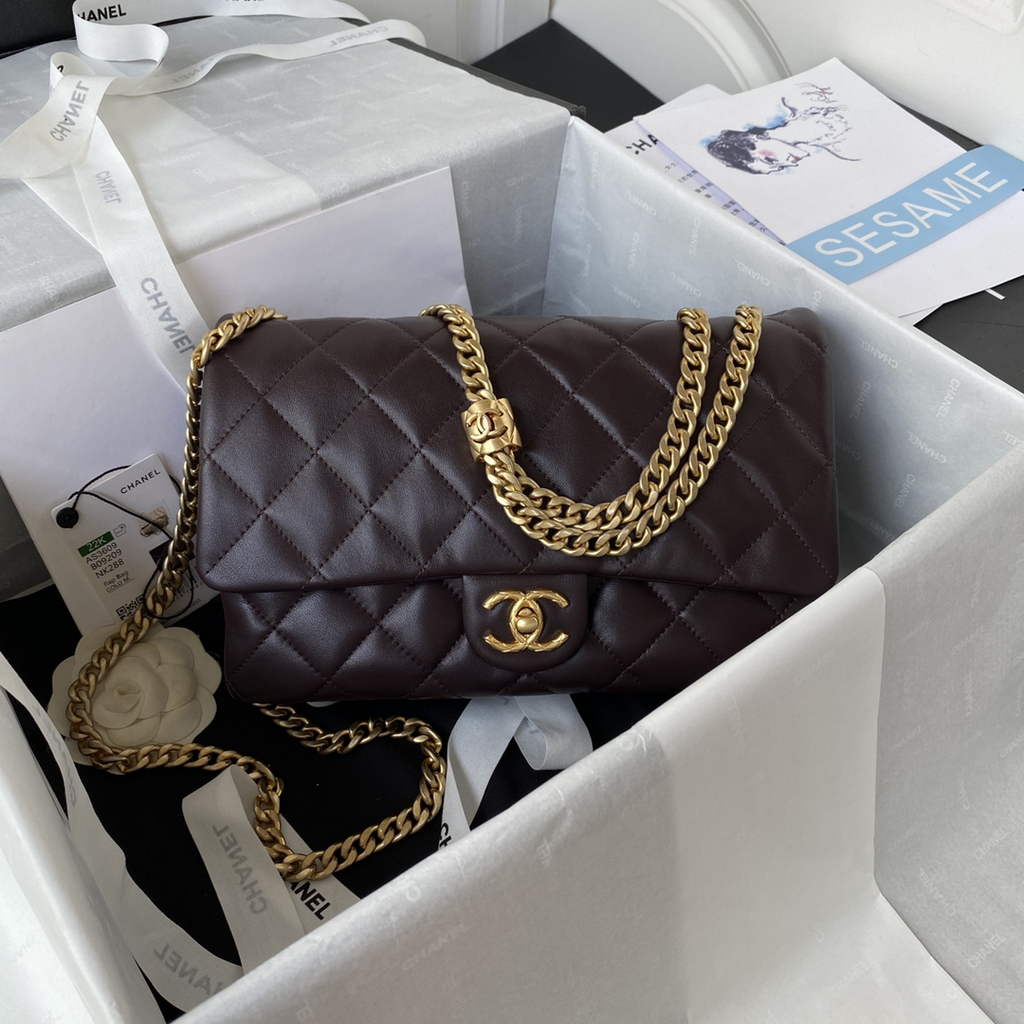 Chanel AS3609 Flap Bag Lambskin Dark Brown