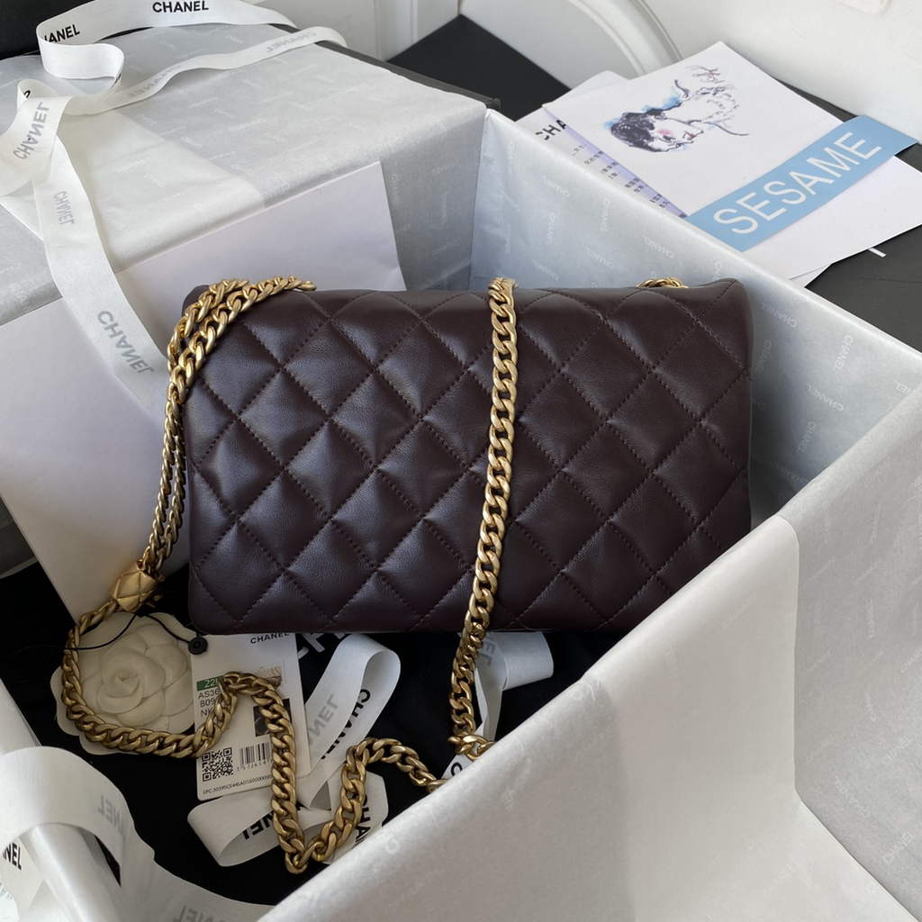 Chanel AS3609 Flap Bag Lambskin Dark Brown