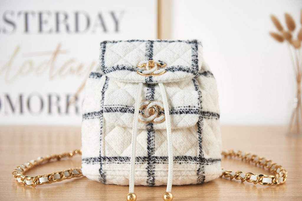 Chanel AS3615 Backpacks Wool tweed gold-tone metal White