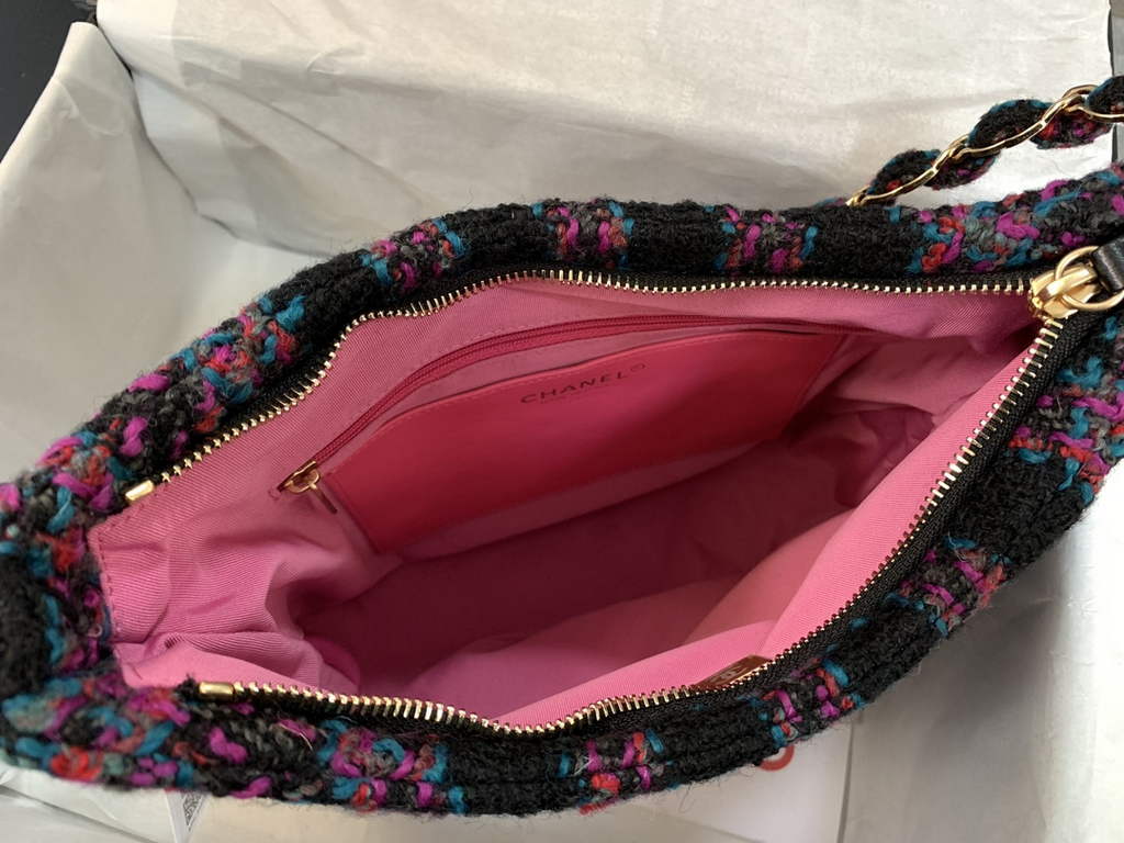 Chanel AS3631 Hobo Handbag Black Pink Tweeds Fabrics & Gold-Tone Metal
