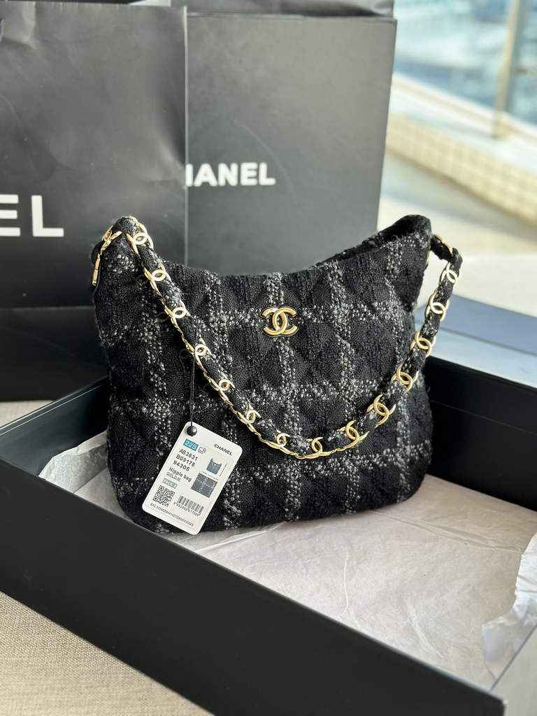 Chanel AS3631 Hobo Handbag Black Tweeds Fabrics & Gold-Tone Metal