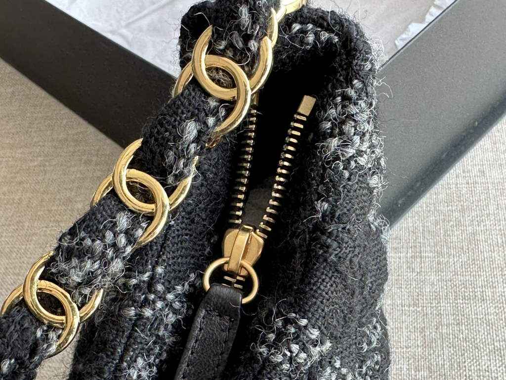 Chanel AS3631 Hobo Handbag Black Tweeds Fabrics & Gold-Tone Metal