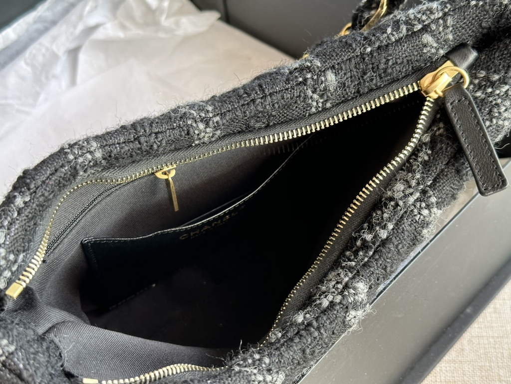Chanel AS3631 Hobo Handbag Black Tweeds Fabrics & Gold-Tone Metal