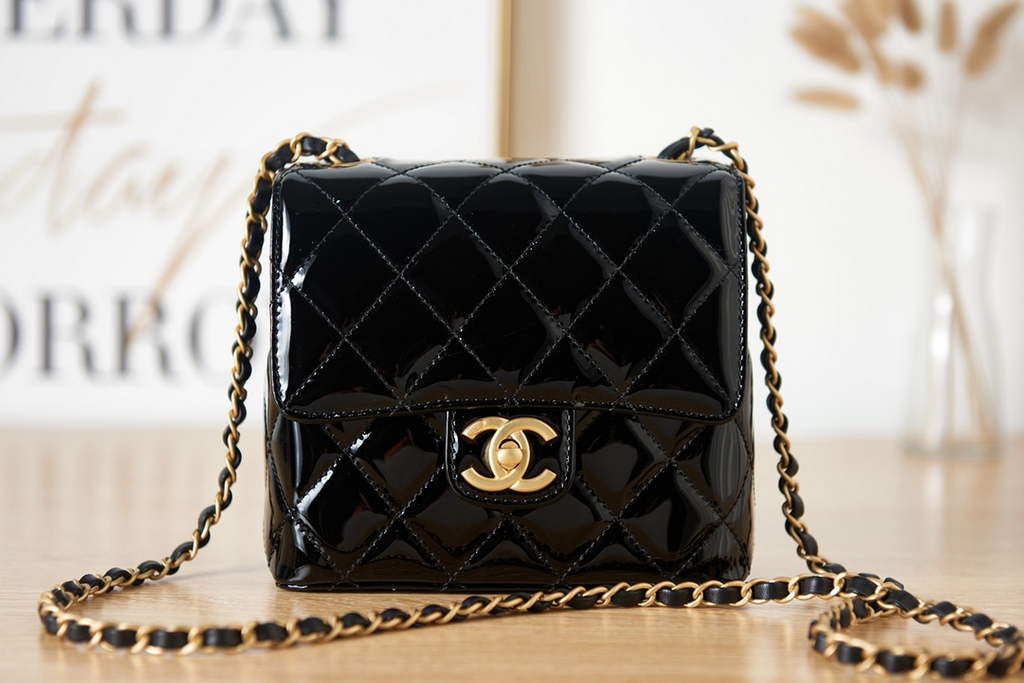 Chanel AS3648 Mini Flap Bag Patent Calfskin Gold-Tone Metal Black