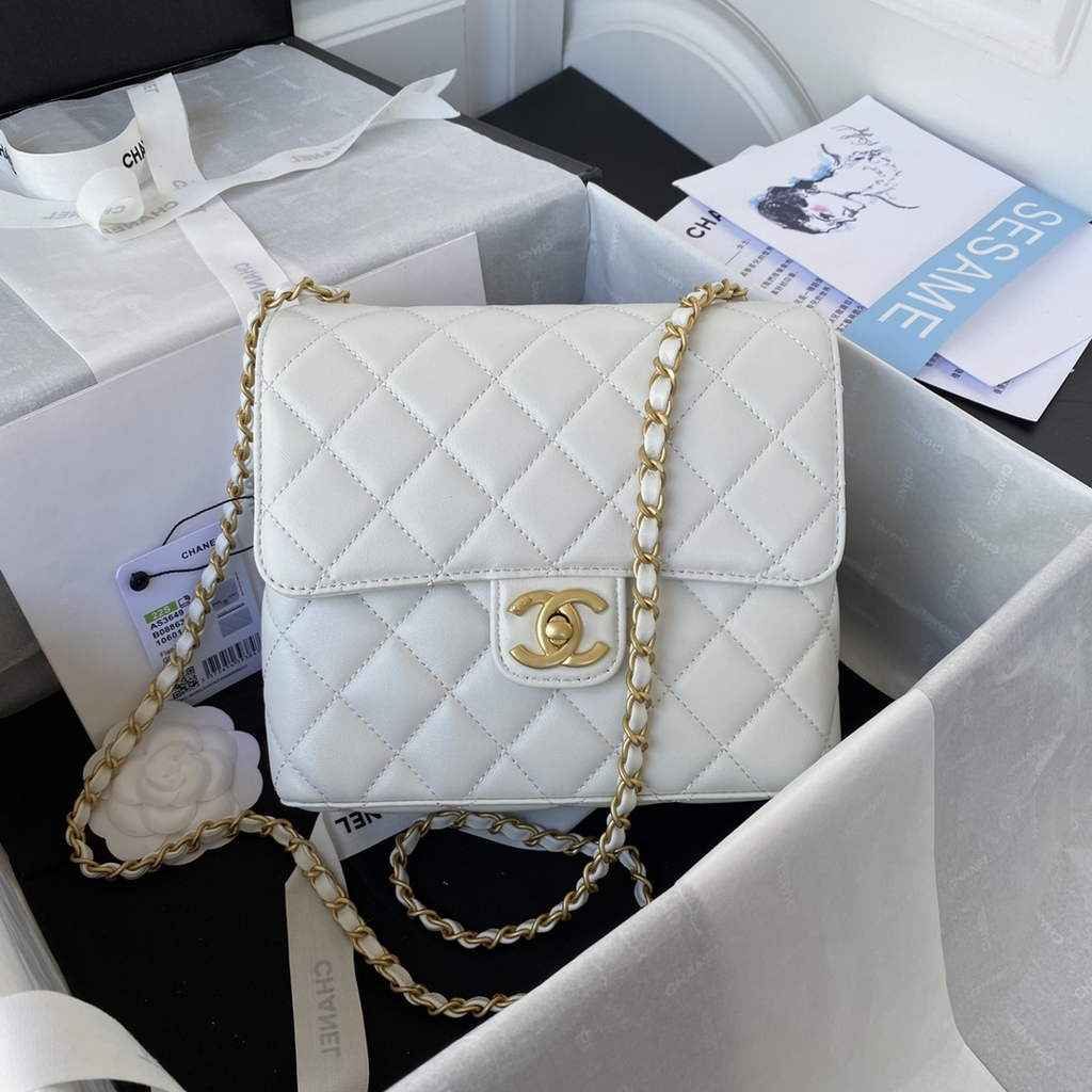 Chanel AS3649 Small Flap Bag Lambskin Gold-Tone Metal White