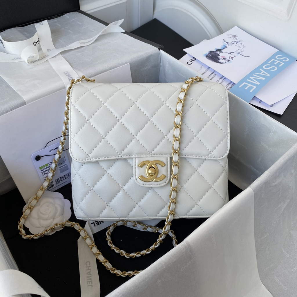 Chanel AS3649 Small Flap Bag Lambskin Gold-Tone Metal White