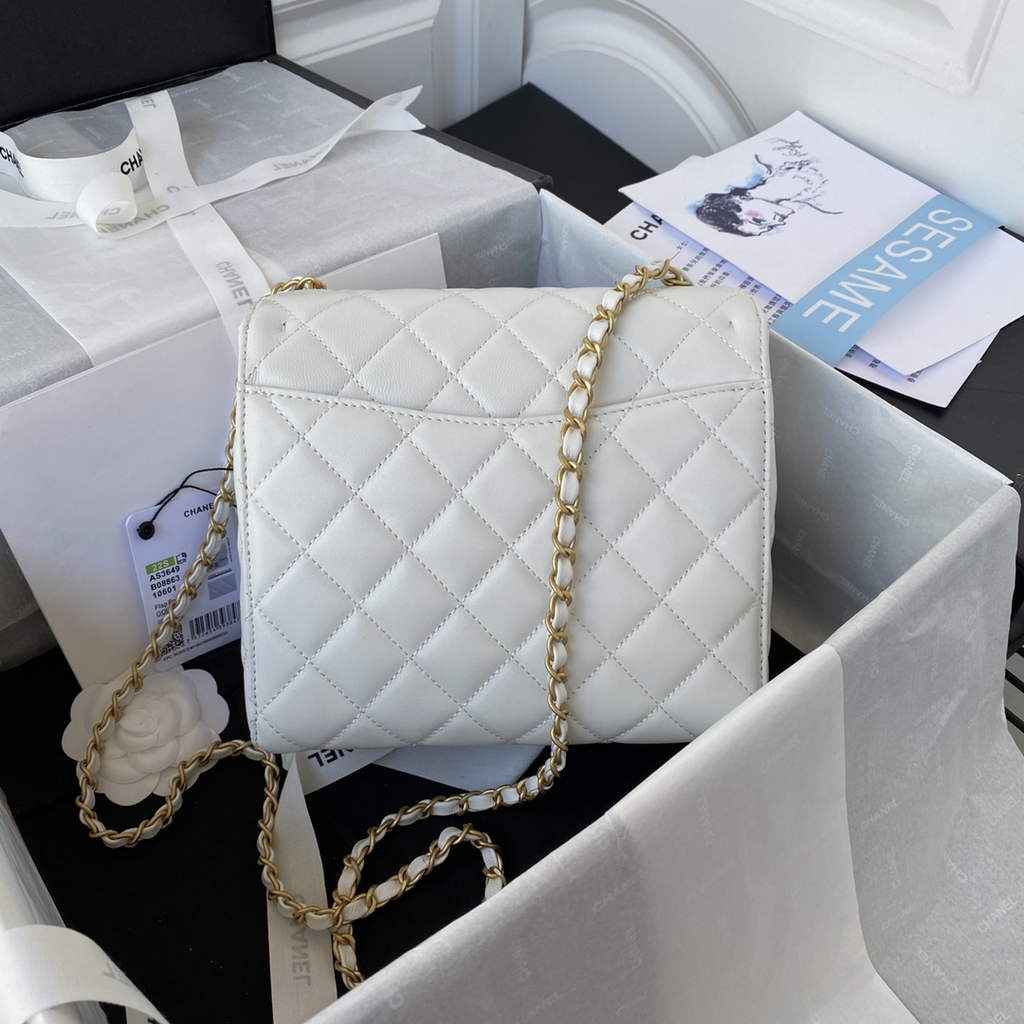 Chanel AS3649 Small Flap Bag Lambskin Gold-Tone Metal White