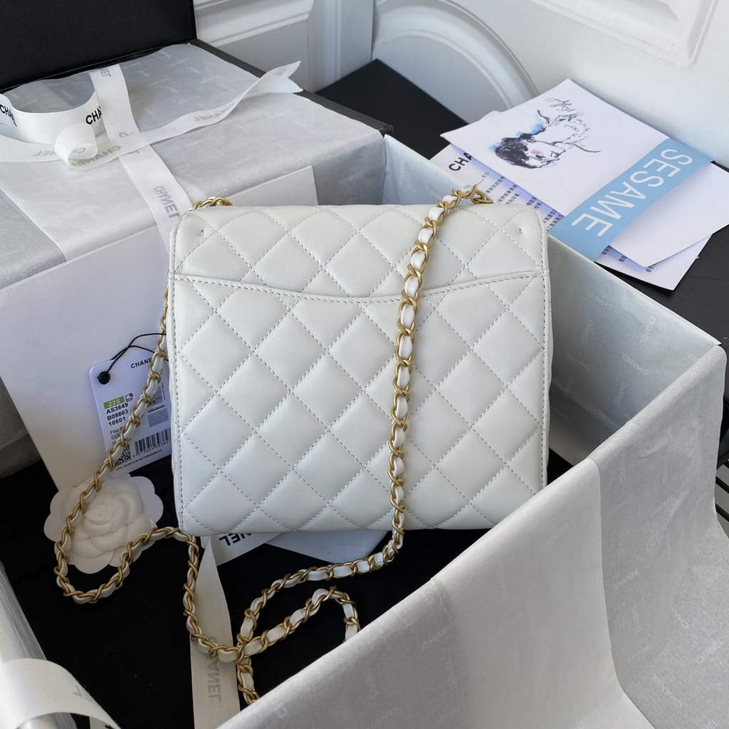 Chanel AS3649 Small Flap Bag Lambskin Gold-Tone Metal White