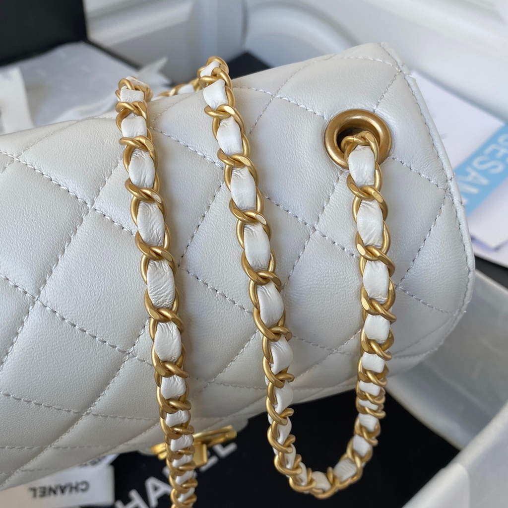 Chanel AS3649 Small Flap Bag Lambskin Gold-Tone Metal White